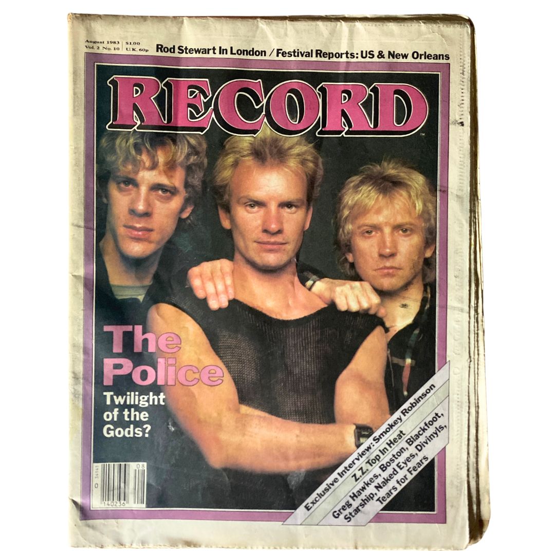 Cover of the VTG Record Magazine, August 1983, Vol 2 No 10 featuring legendary band The Police with the headline 'Twilight of the Gods?'.