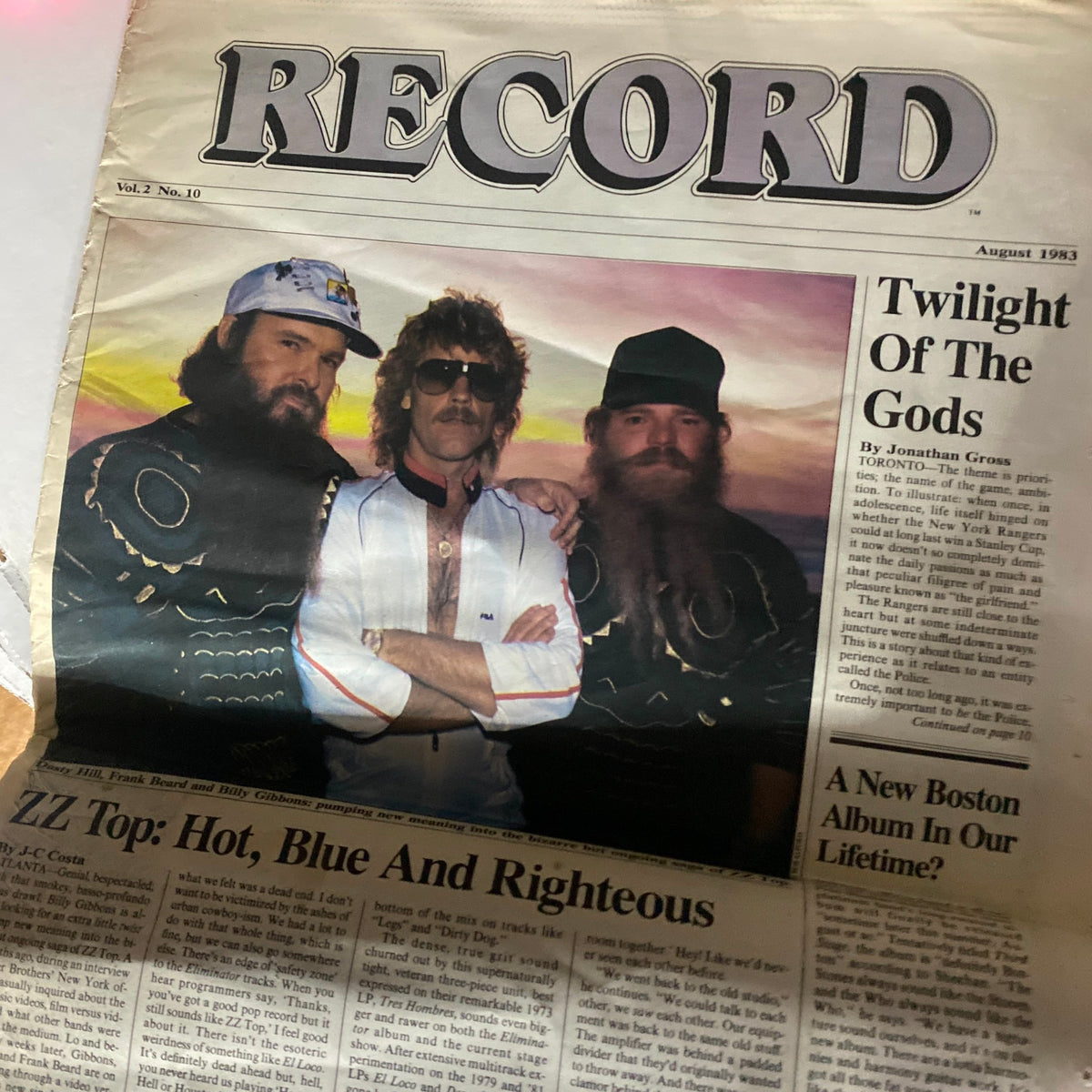 Inside page of the VTG Record Magazine, August 1983, Vol 2 No 10 depicting ZZ Top with the headline 'Twilight Of The Gods'.