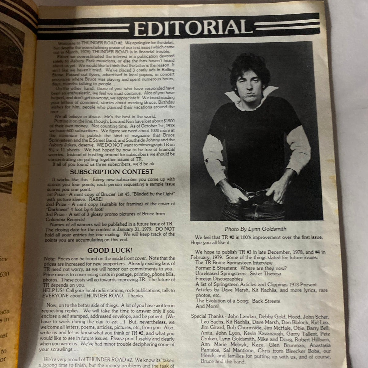 Editorial page from VTG Thunder Road Magazine November 1978 Vol 1 No 2 with a photograph of Bruce Springsteen and subscription contest details.