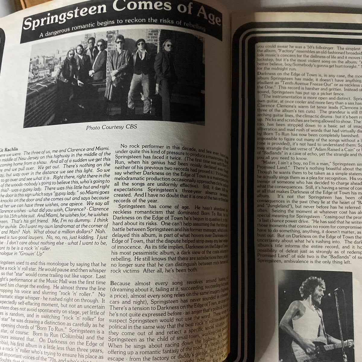Inside page of Thunder Road Magazine November 1978 highlighting Bruce Springsteen and a retrospective on his evolution as an artist.