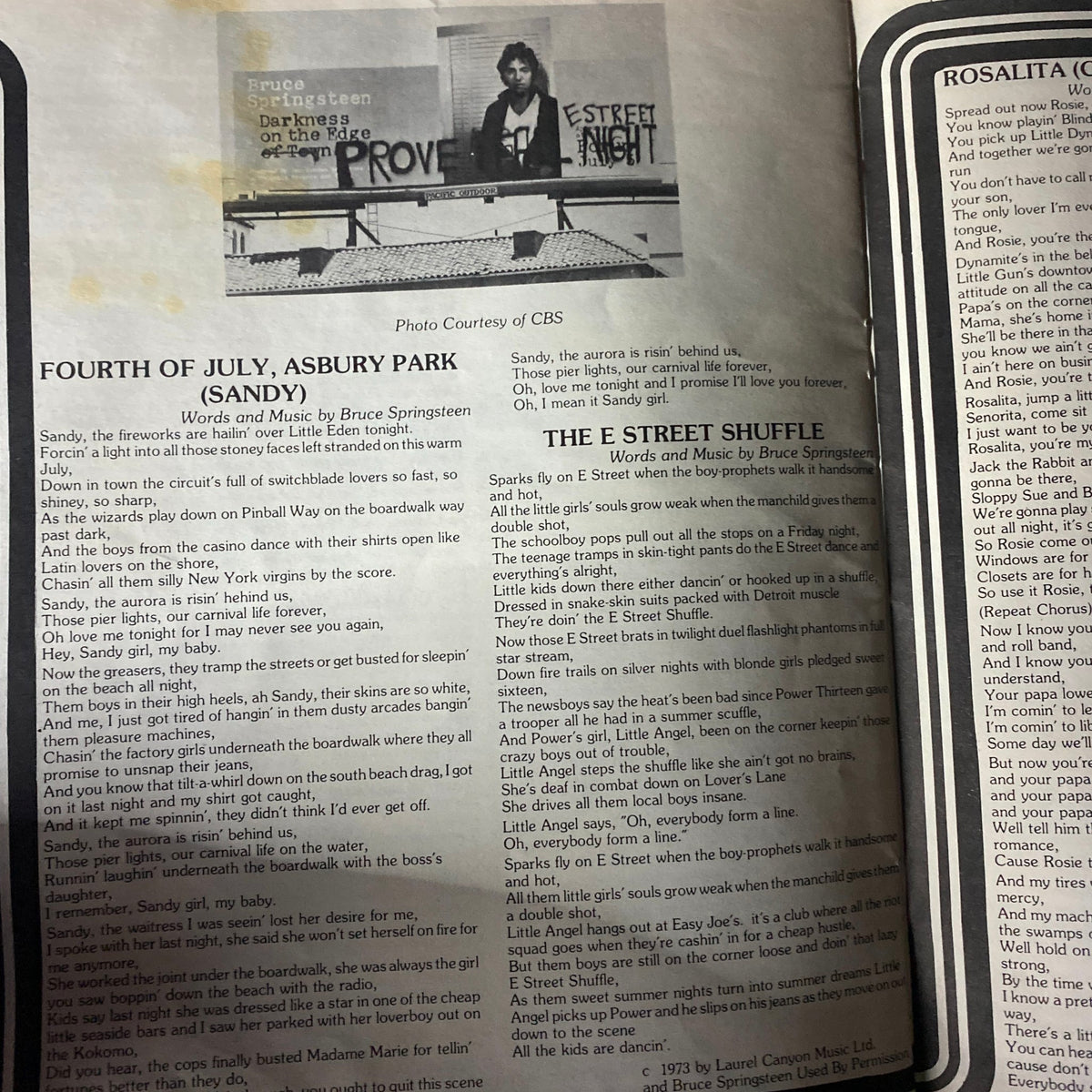 Page from Thunder Road Magazine November 1978 featuring song lyrics by Bruce Springsteen, including 'Fourth of July, Asbury Park (Sandy)' and 'The E Street Shuffle'.