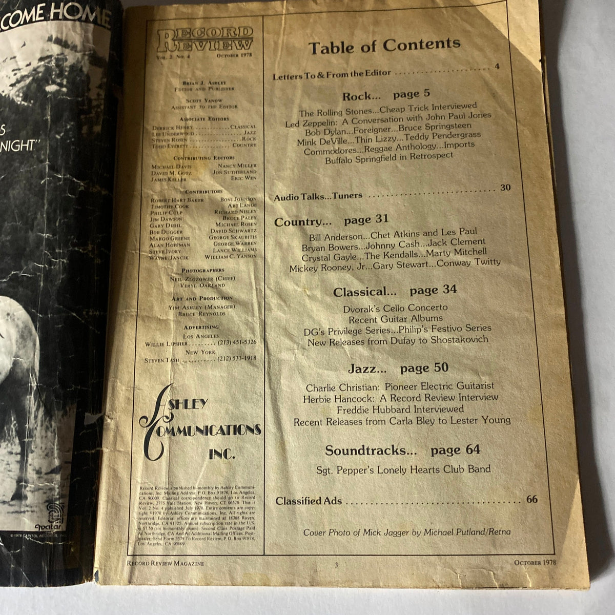 Interior page of VTG Record Review Magazine October 1978 displaying the table of contents, featuring articles and interviews related to various music genres and notable artists.