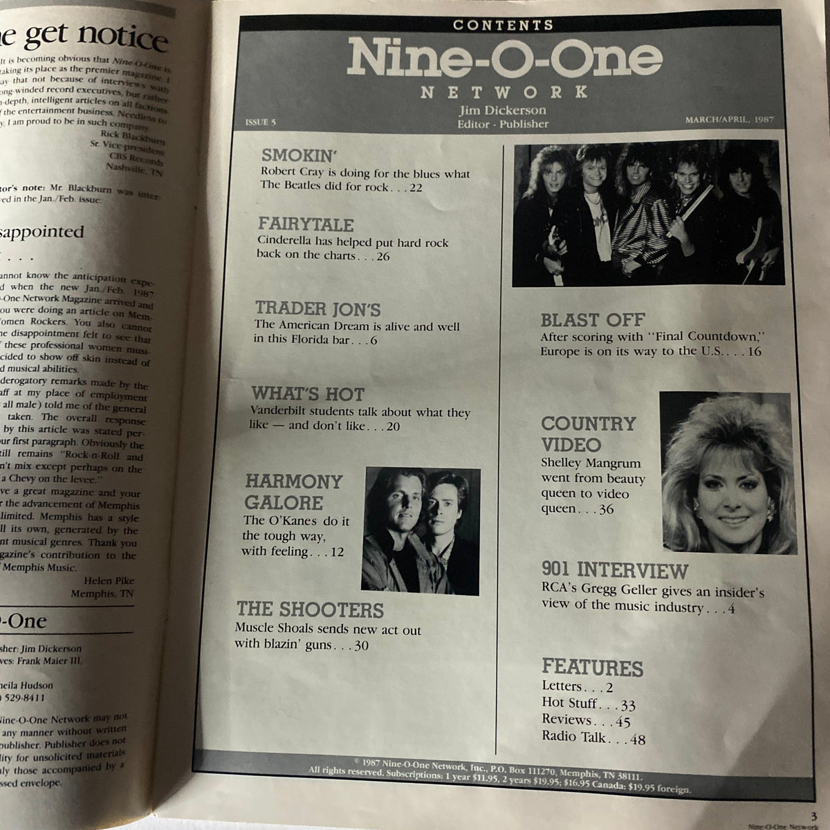 Table of contents page from VTG Nine-O-One Network Magazine March 1987, detailing featured articles including Robert Cray, Cinderella, and Harmony Galore. A glimpse into the 1980s music culture, curated by editor Jim Dickerson.