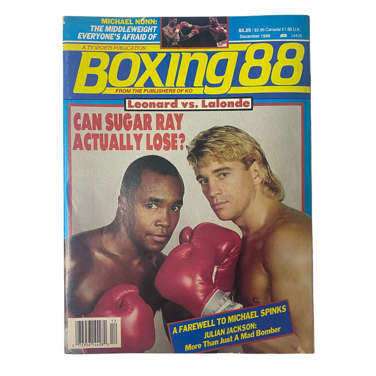 Cover of Boxing 88 Magazine December 1988 featuring Sugar Ray Leonard vs Donny Lalonde, highlighting the question 'Can Sugar Ray Actually Lose?' and showcasing two boxers in boxing gloves.