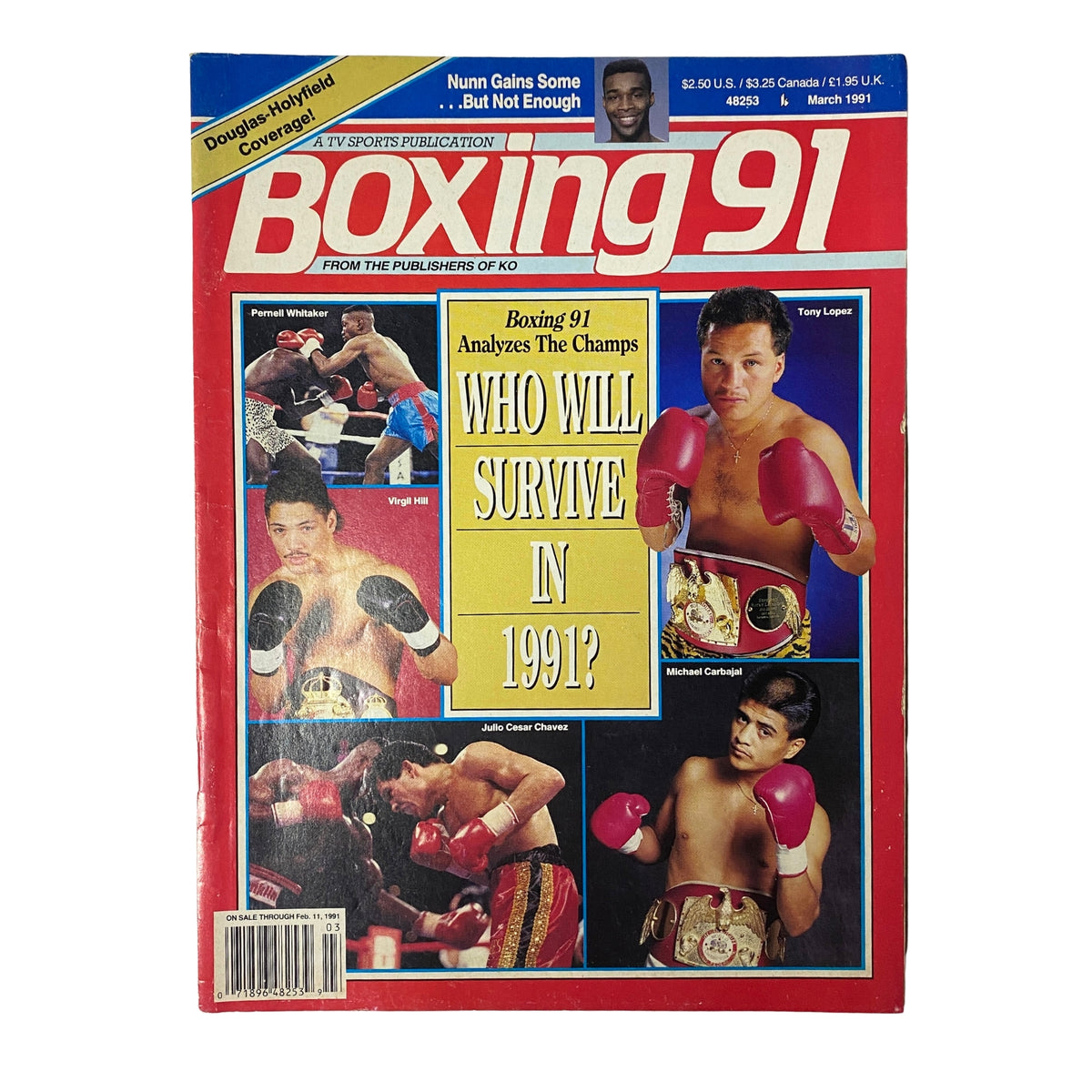 Cover of Boxing 91 Magazine March 1991 featuring Pernell Whitaker, Tony Lopez, Virgil Hill, and Michael Carbajal. The magazine explores the question 'Who Will Survive in 1991?' with analysis of boxing champions.