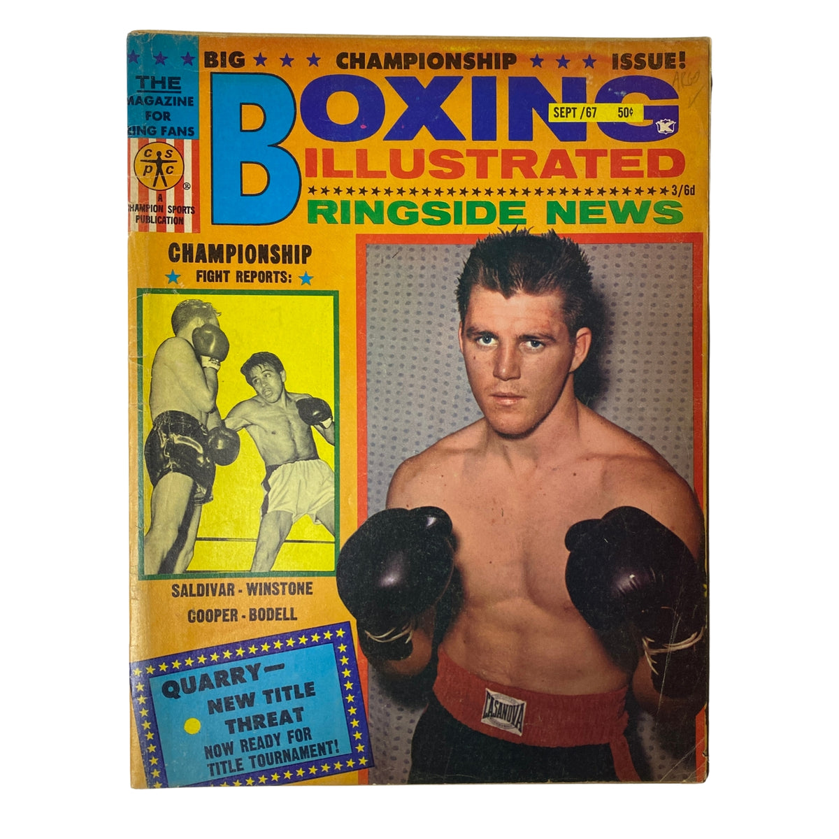 Cover of Boxing Illustrated Magazine September 1967 featuring heavyweight contender Jerry Quarry, highlighting championship fight reports including Saldivar vs. Winstone and Cooper vs. Bodell. Vintage magazine for boxing enthusiasts.