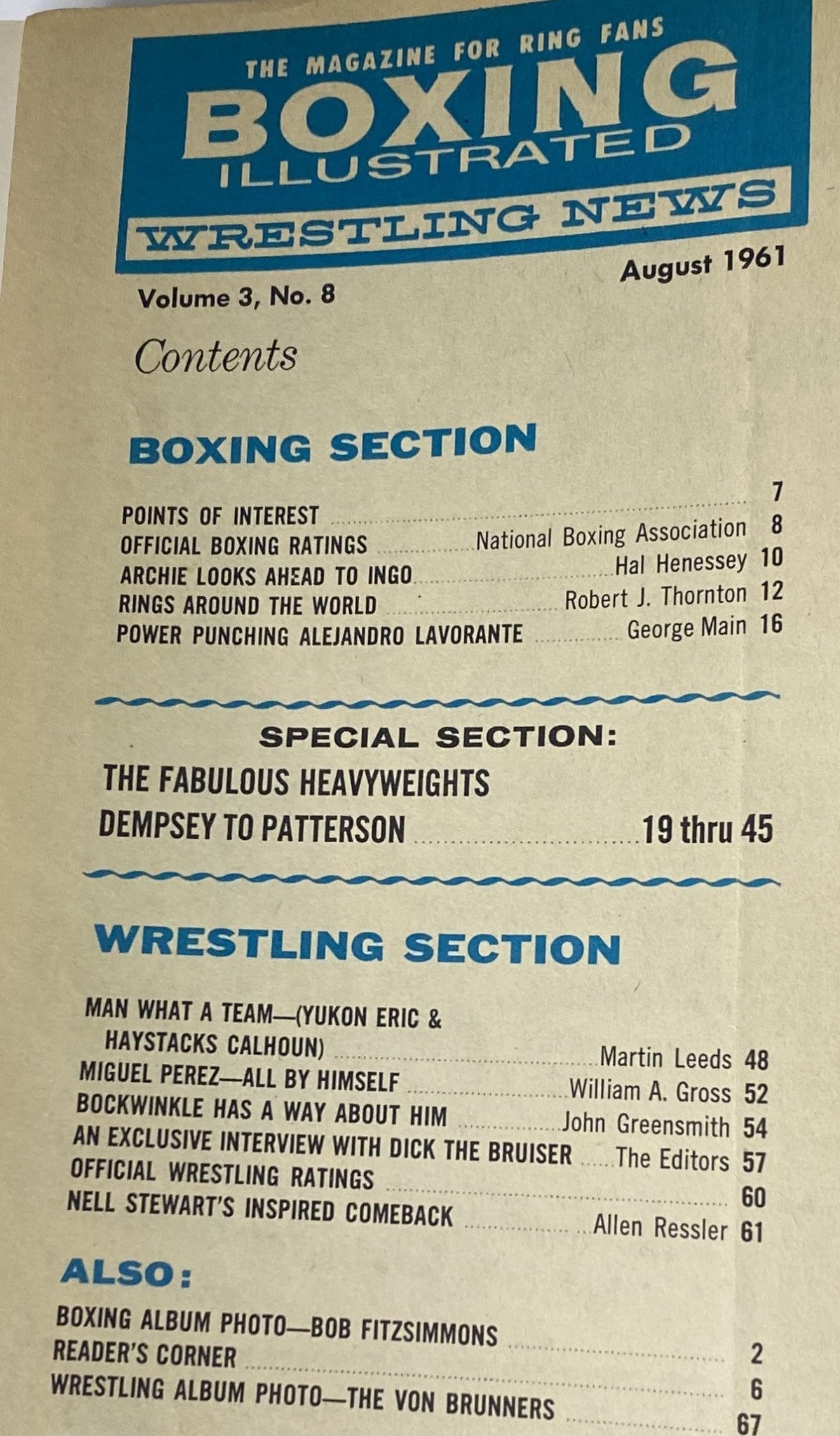 Contents page of Boxing Illustrated Magazine August 1961 detailing sections on boxing and wrestling, including the special feature on the fabulous heavyweights.