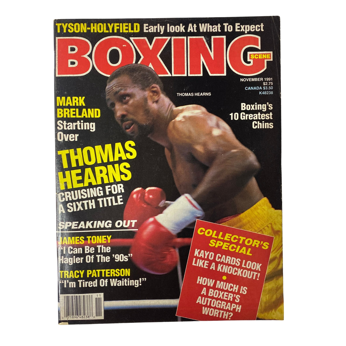 Boxing Scene Magazine November 1991 featuring Thomas Hearns on the cover, showcasing his pursuit of a sixth title at cruiserweight, with highlights on noteworthy boxing events including the Tyson-Holyfield matchup.