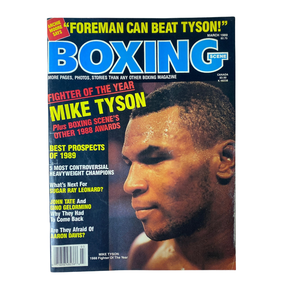 Cover of Boxing Scene Magazine March 1989 featuring Mike Tyson as Fighter of the Year, with headlines about Foreman, Sugar Ray Leonard, and upcoming boxing prospects.