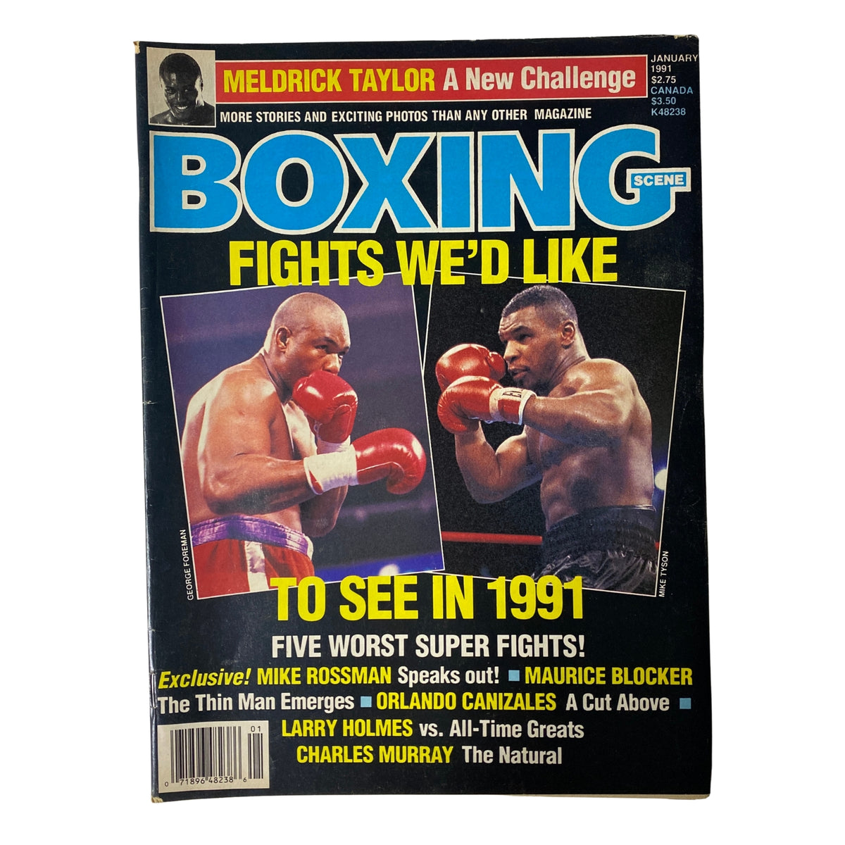 Boxing Scene Magazine January 1991 cover featuring George Foreman and Mike Tyson with articles including 'Meldrick Taylor: A New Challenge' and 'Five Fights We’d Like to See in 1991.'