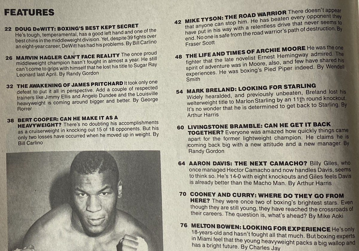 Interior page of Boxing Scene Magazine May 1988 listing features including 'Mike Tyson: The Road Warrior' and 'Doug DeWitt: Boxing's Best Kept Secret.'