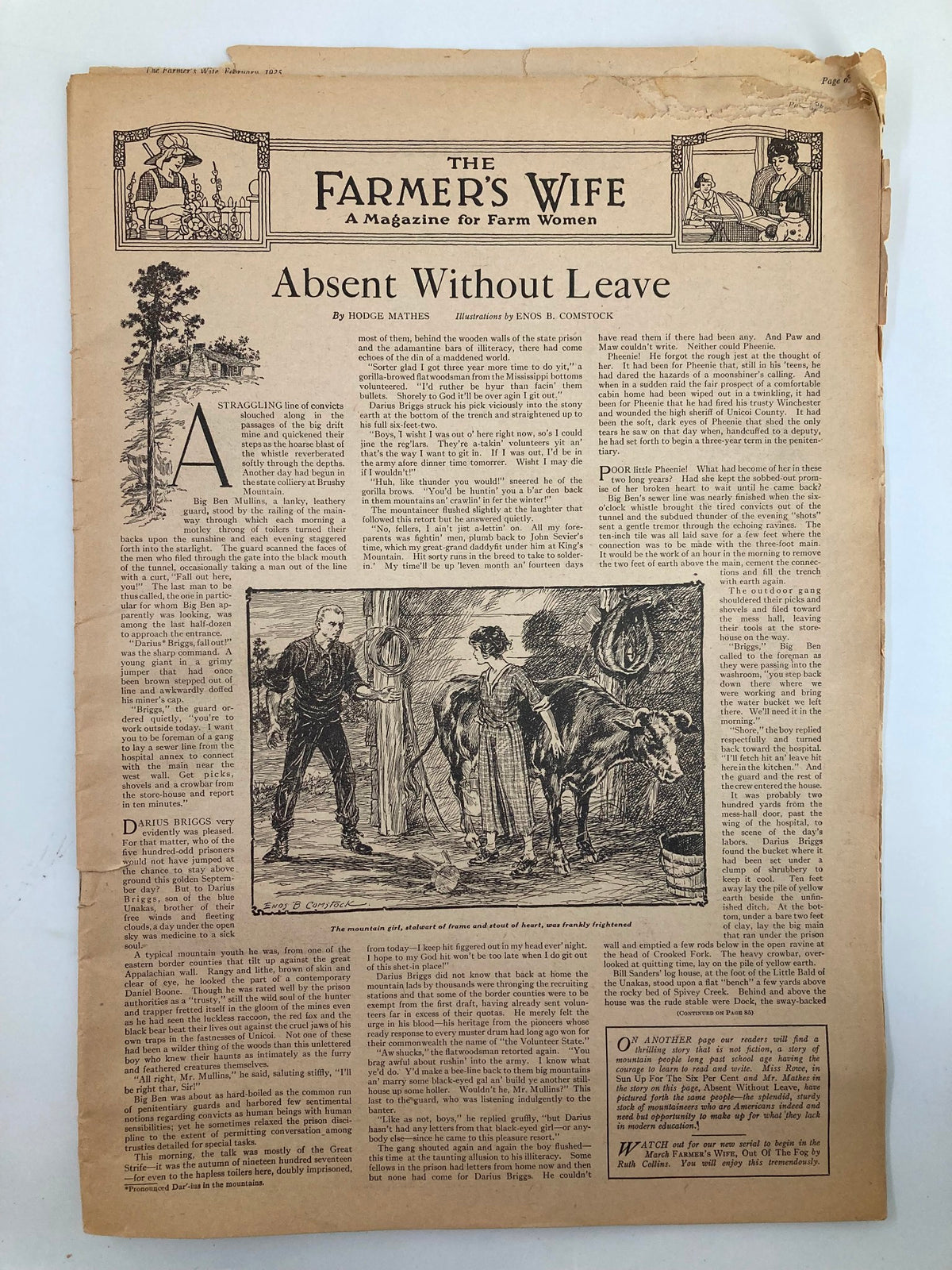 Front page of The Farmer's Wife Magazine, February 1925, featuring the article 'Absent Without Leave'. Historical content with illustrations reflecting rural women's lives.