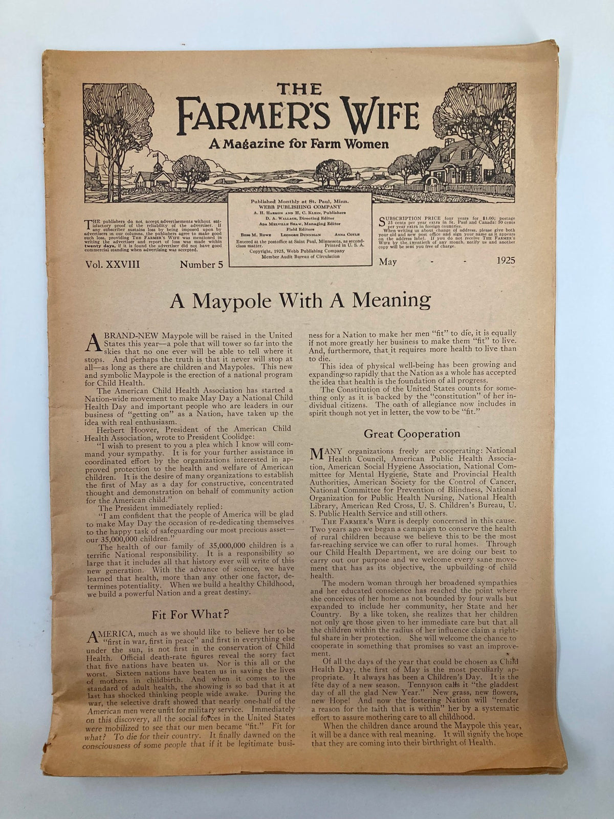 Front cover of VTG The Farmer's Wife Magazine May 1925 featuring the article 'A Maypole With A Meaning' and illustrations depicting rural life.