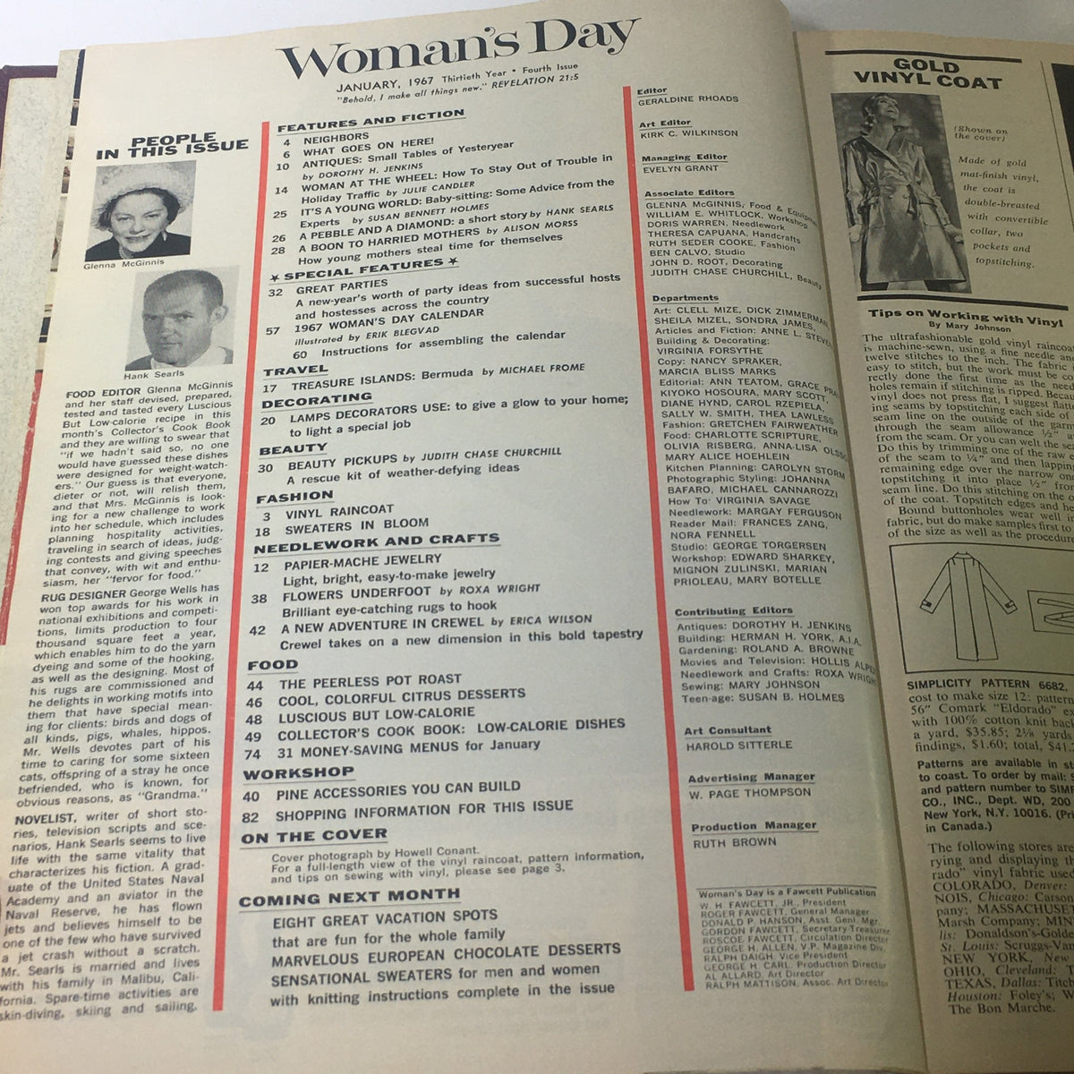 Interior page of the January 1967 Woman's Day Magazine including contents and feature articles.