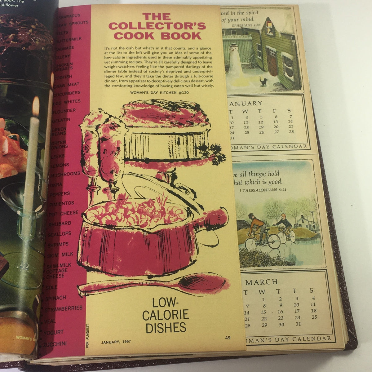 Page from the January 1967 Woman's Day Magazine highlighting low-calorie dishes alongside a calendar.