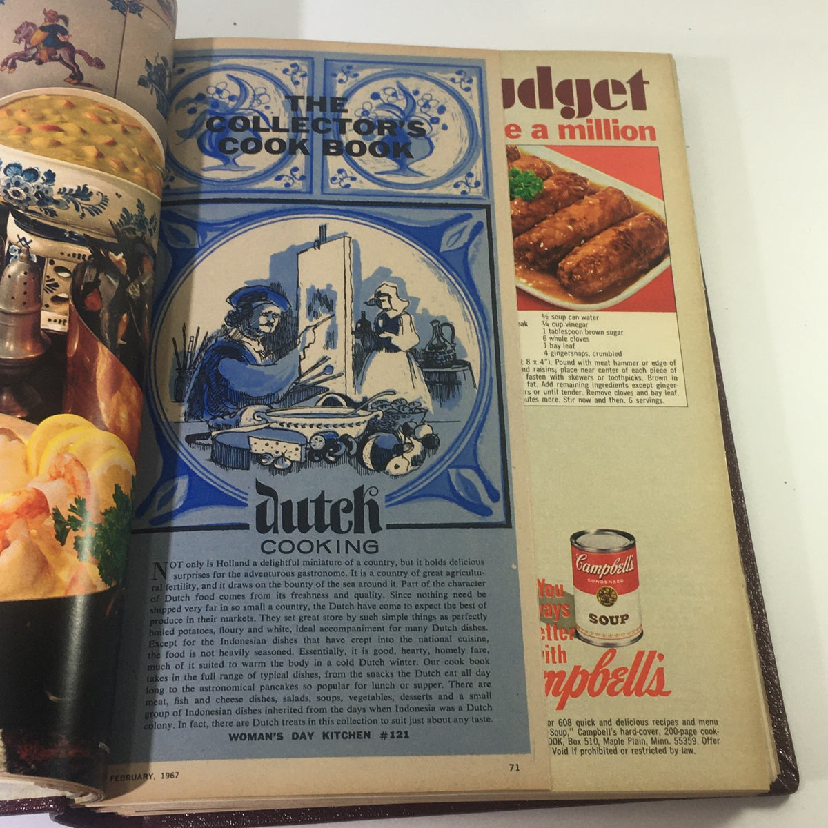 1967 Woman's Day Magazine Compilation featuring a page with colorful illustrations related to Dutch cooking and a recipe page, showcasing the culinary content of the magazine.