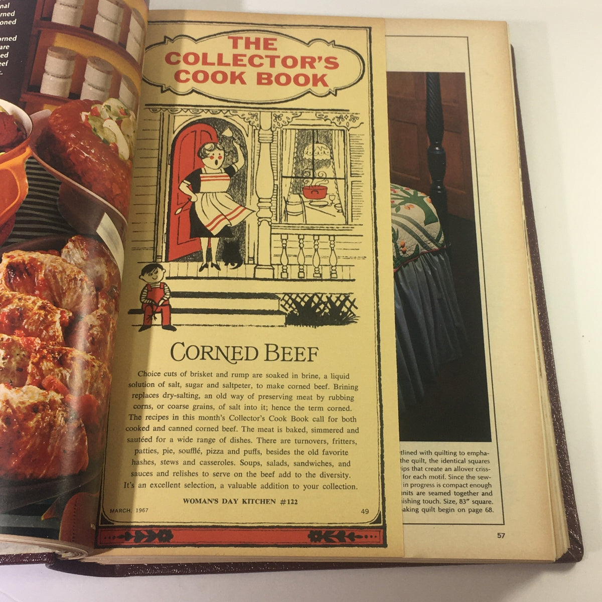 1967 Woman's Day Magazine Compilation highlighting a page dedicated to corned beef recipes with playful illustrations, reflecting the cooking themes of that era.