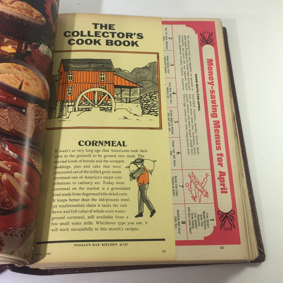 1967 Woman's Day Magazine Compilation displaying a page on cornmeal recipes with vibrant artwork, emphasizing the unique culinary information found in the magazine.