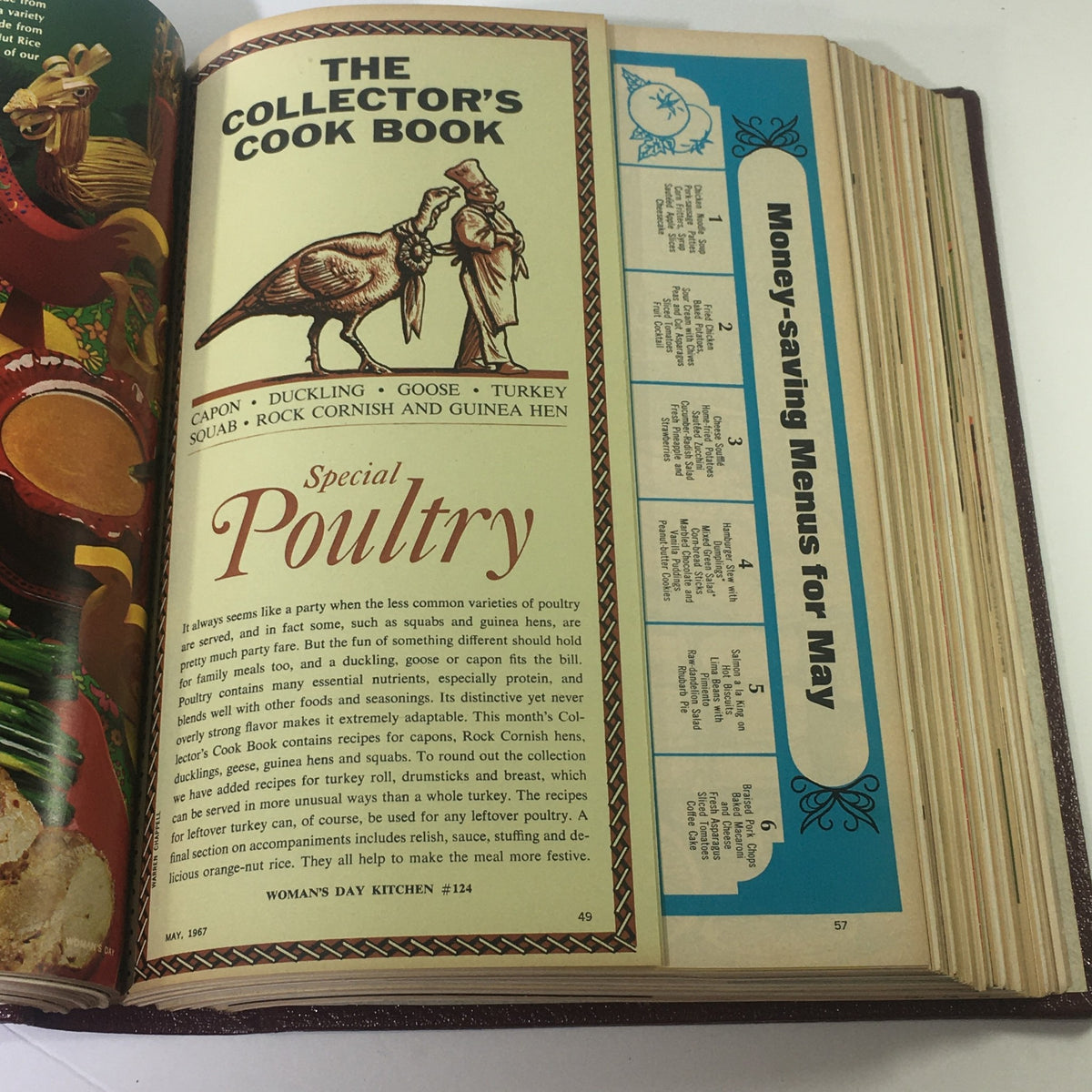 1967 Woman's Day Magazine Compilation showcasing a page focused on poultry recipes, including illustrations and money-saving menu tips from May 1967.