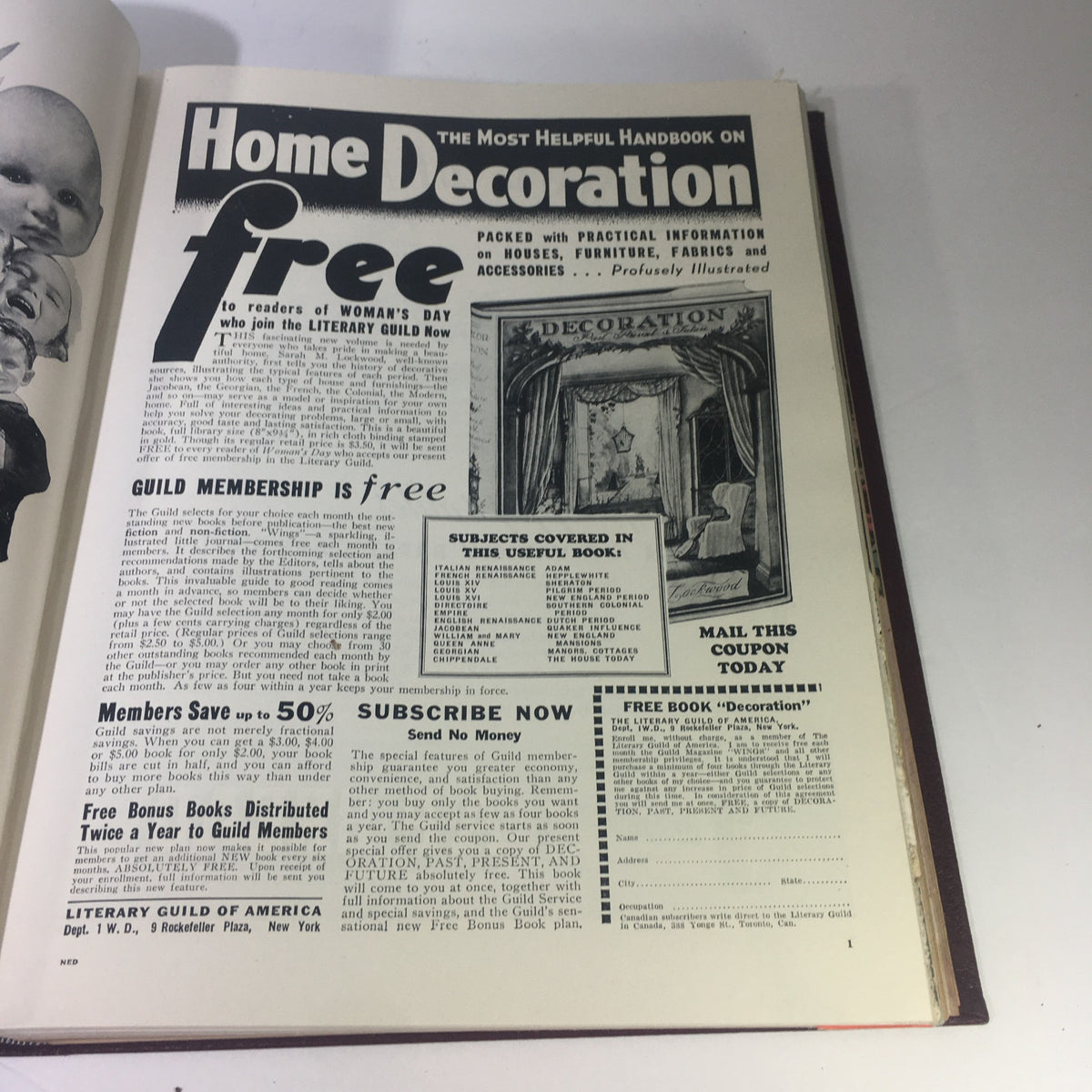 1937-1938 Woman's Day Magazine Compilation interior page featuring advertisement for home decoration services and membership details.