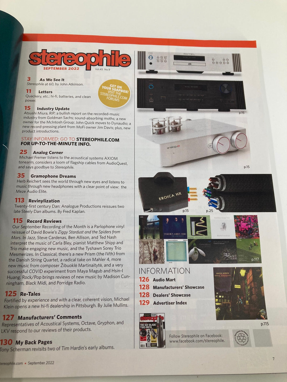 Inside page of Stereophile Magazine September 2022, displaying contents and features related to audio technology, including reviews and articles for audiophiles.