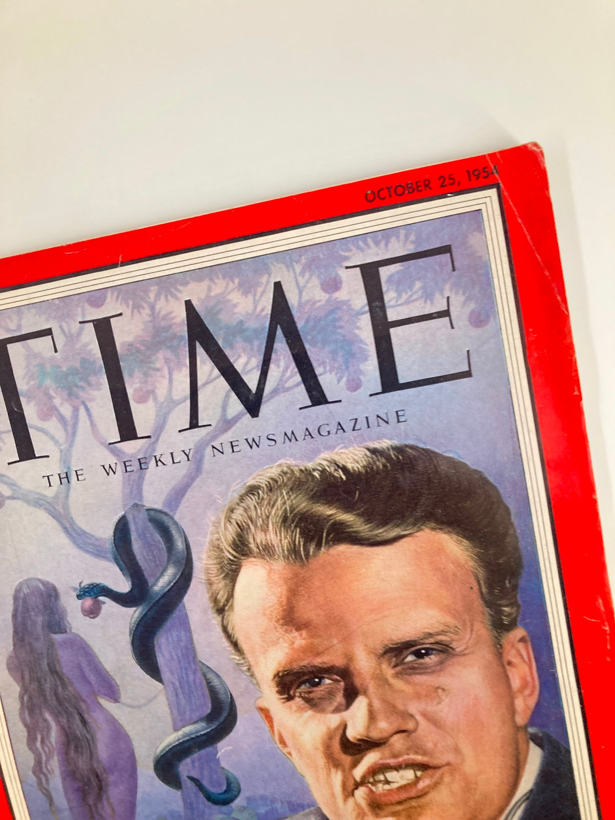 Cover of VTG Time Magazine October 25 1954 featuring Billy Graham with a distinctive red border, showcasing mid-century design and cultural significance.