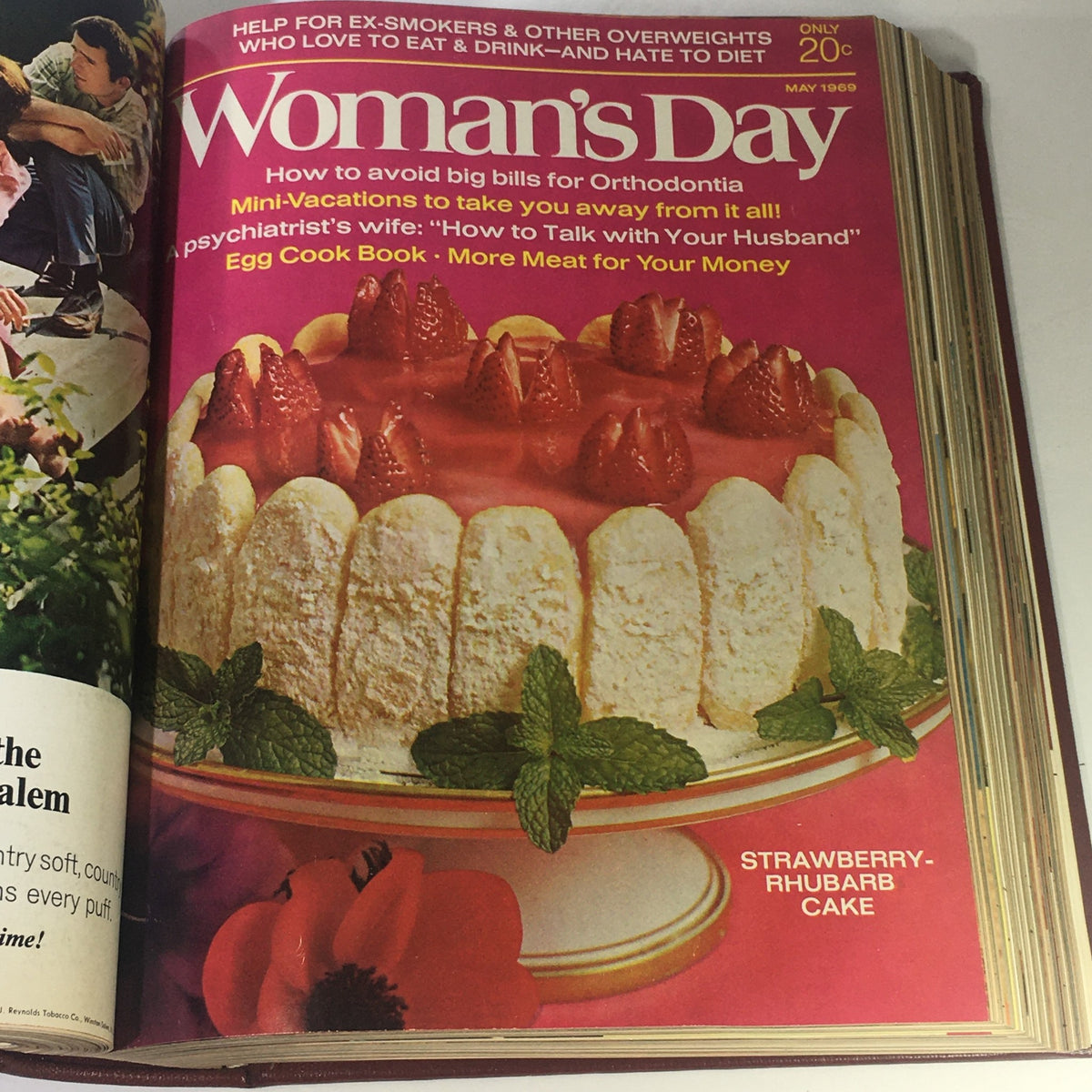 Cover of May 1969 Woman's Day Magazine featuring a strawberry-rhubarb cake and advice on budgeting for orthodontics.