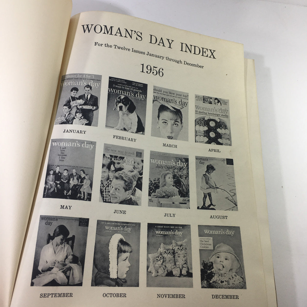 Index page of the 1956 Woman's Day Magazine Complete Year Round in One Book Compilation, listing the twelve issues from January to December.