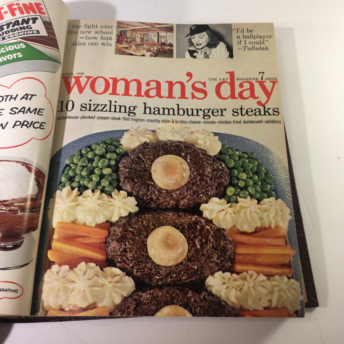 April 1956 Woman's Day Magazine cover showcasing a vibrant plate of hamburger steaks, included in the complete year round compilation.