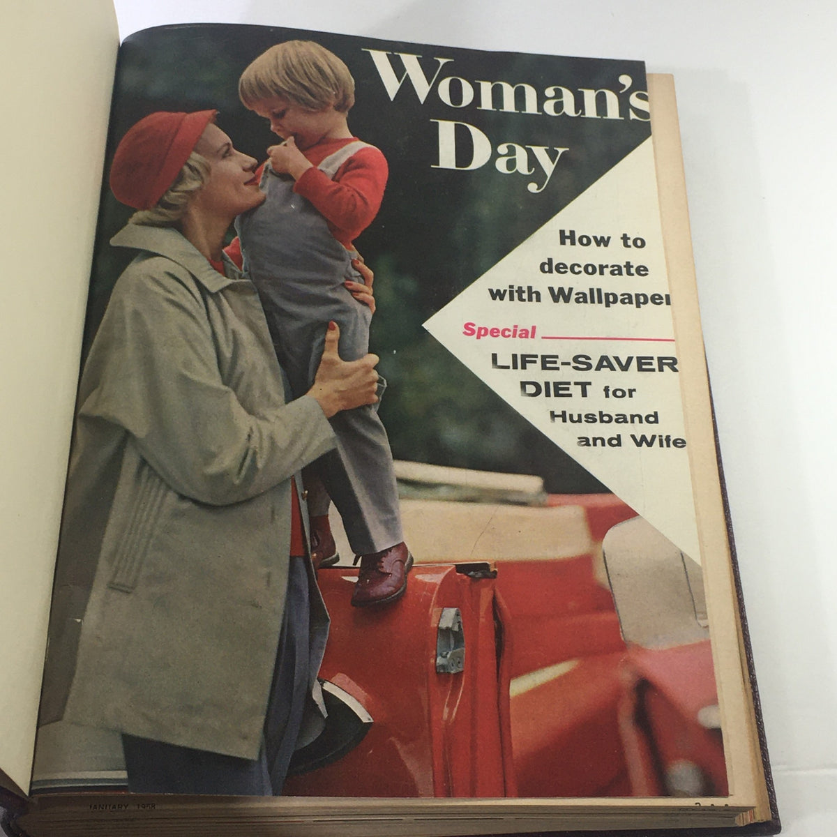 First issue of 1958 Woman's Day Magazine Compilation featuring a mother with her child, discussing home decor and a special diet.