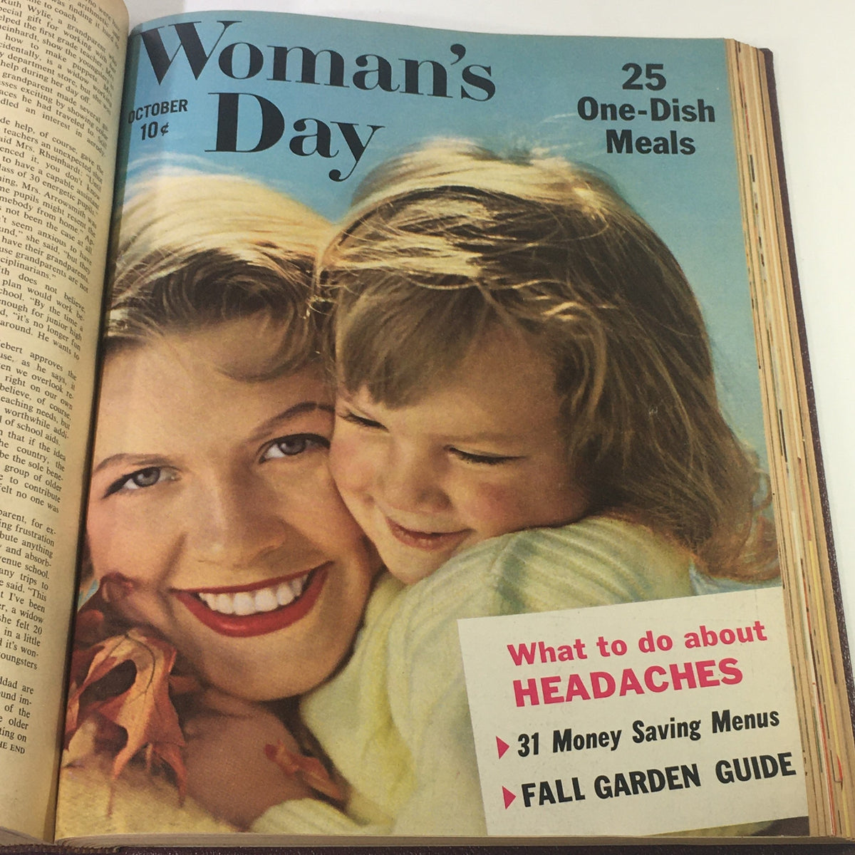 Cover image of the 1958 Woman's Day Magazine with a smiling woman and child, titled '25 One-Dish Meals'.