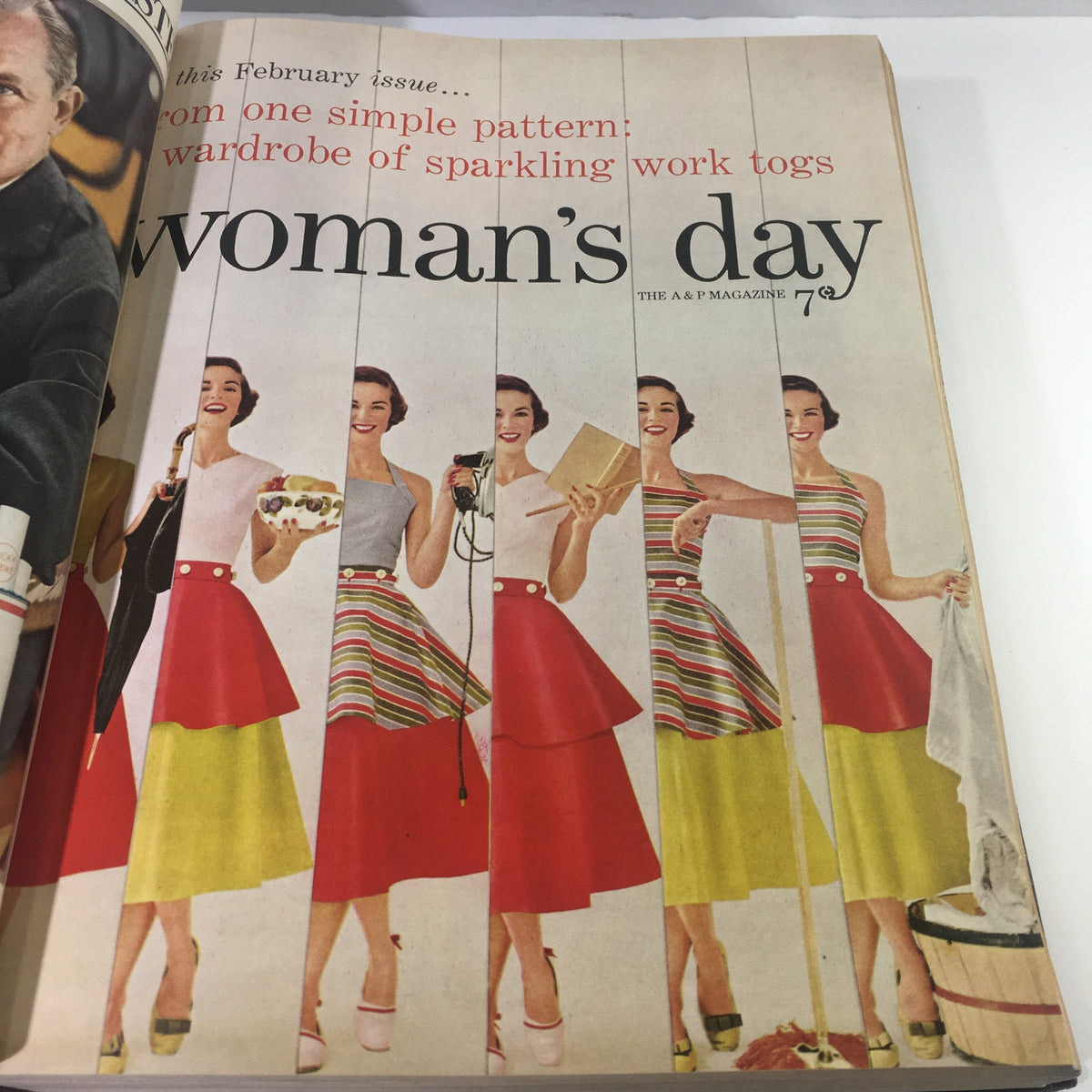 February issue of the 1954 Woman's Day Magazine with a vibrant illustration of a woman in colorful outfits, showcasing fashion styles of the era, as part of the complete year round compilation.