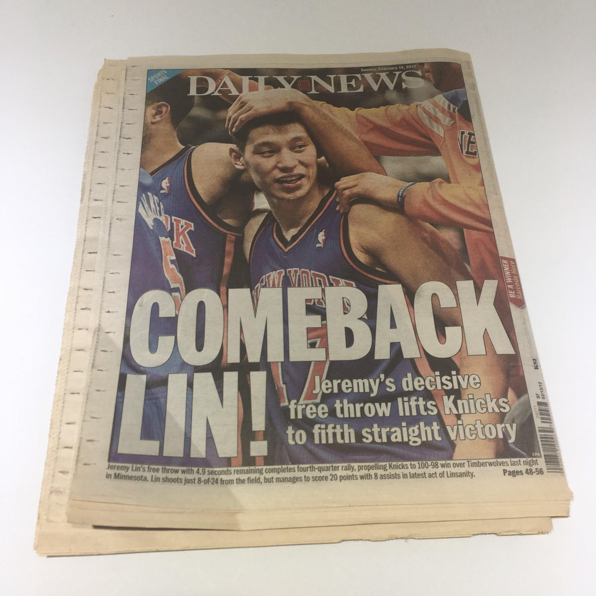 Front page of the New York Daily News showcasing the headline 'COMEBACK LIN! Jeremy's decisive free throw lifts Knicks to fifth straight victory', with a photo of Jeremy Lin celebrating.