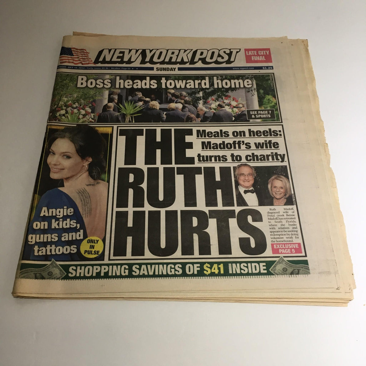 New York Post front page from July 18, 2010, featuring the dramatic cover story 'The Ruth Hurts' alongside images of Angelina Jolie. Highlights include celebrity news and captivating headlines. Perfect for vintage magazine collectors.