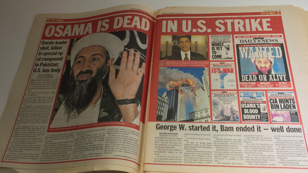 Inside spread of the NY Daily News from May 2, 2011, prominently displaying the headline 'OSAMA IS DEAD' highlighting the U.S. strike leading to Bin Laden's death.