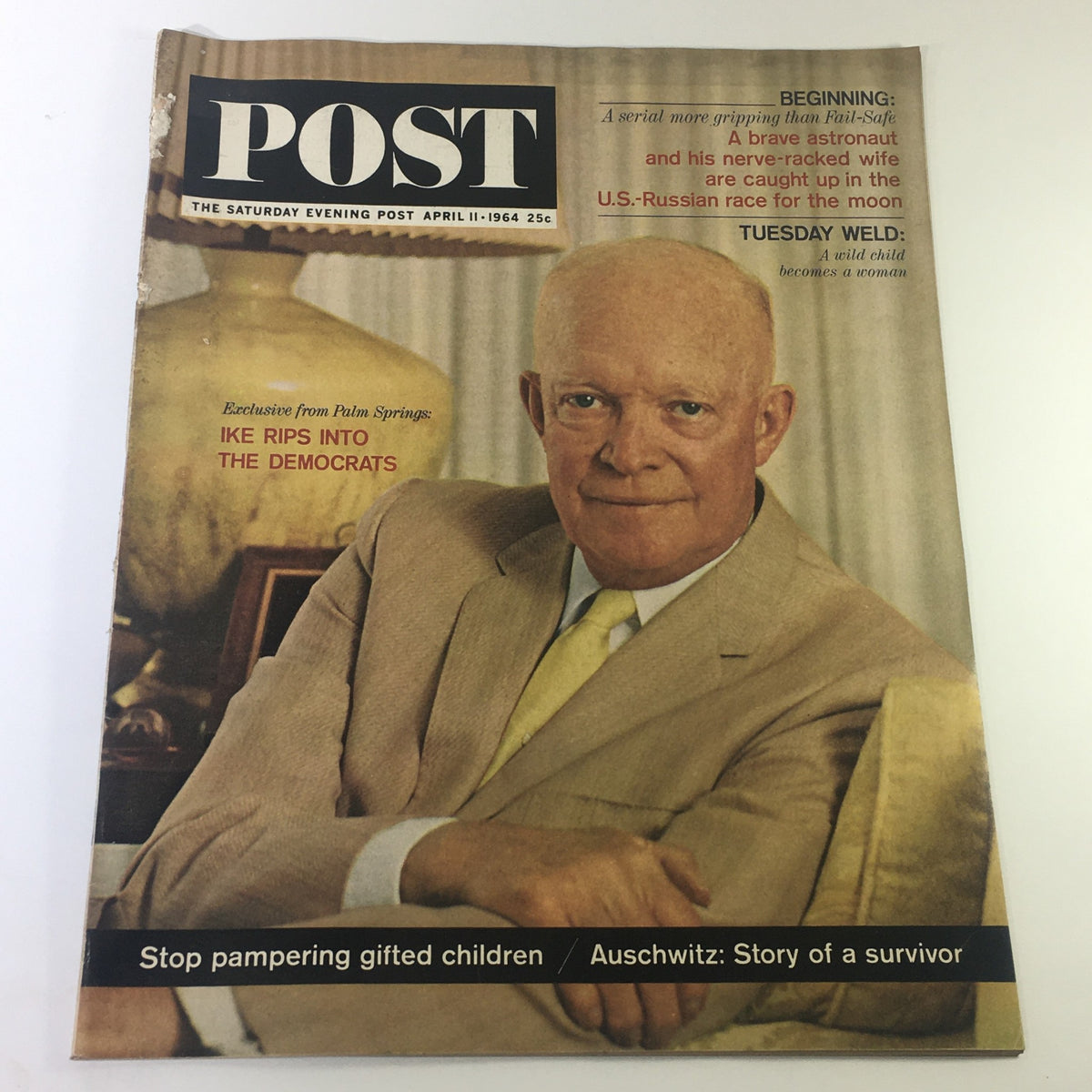 VTG The Saturday Evening Post April 11 1964 cover featuring Dwight David "Ike" Eisenhower in a suit, seated in a vintage setting, showcasing American history and nostalgia.