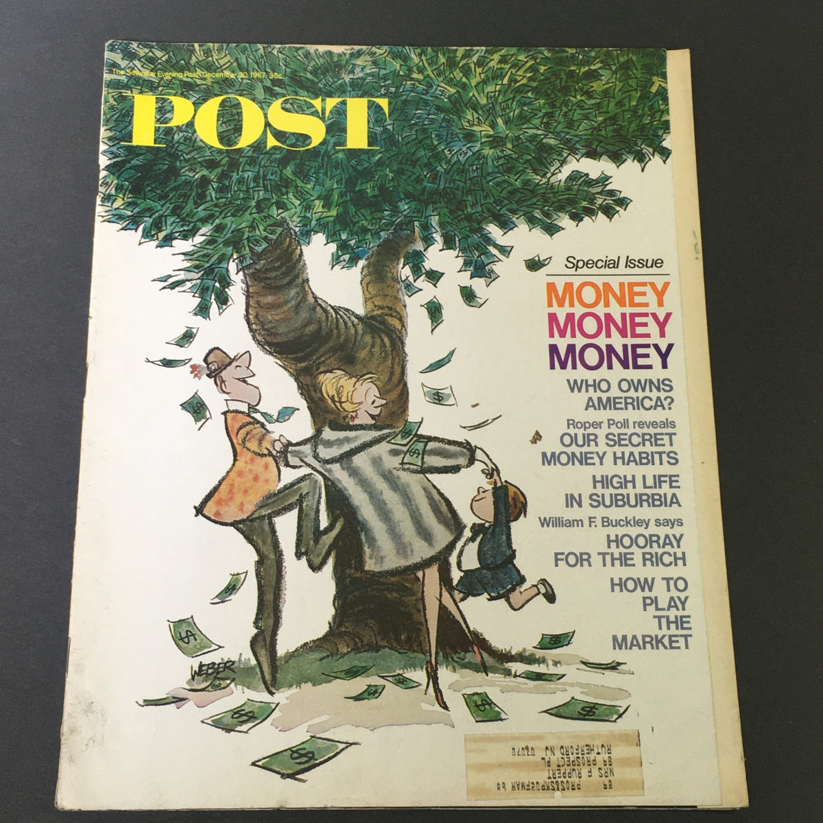 Cover of VTG The Saturday Evening Post December 30 1967 featuring a cartoon depicting money falling from a tree with characters exploring themes of wealth. Item showcases an article by William F. Buckley on societal wealth.