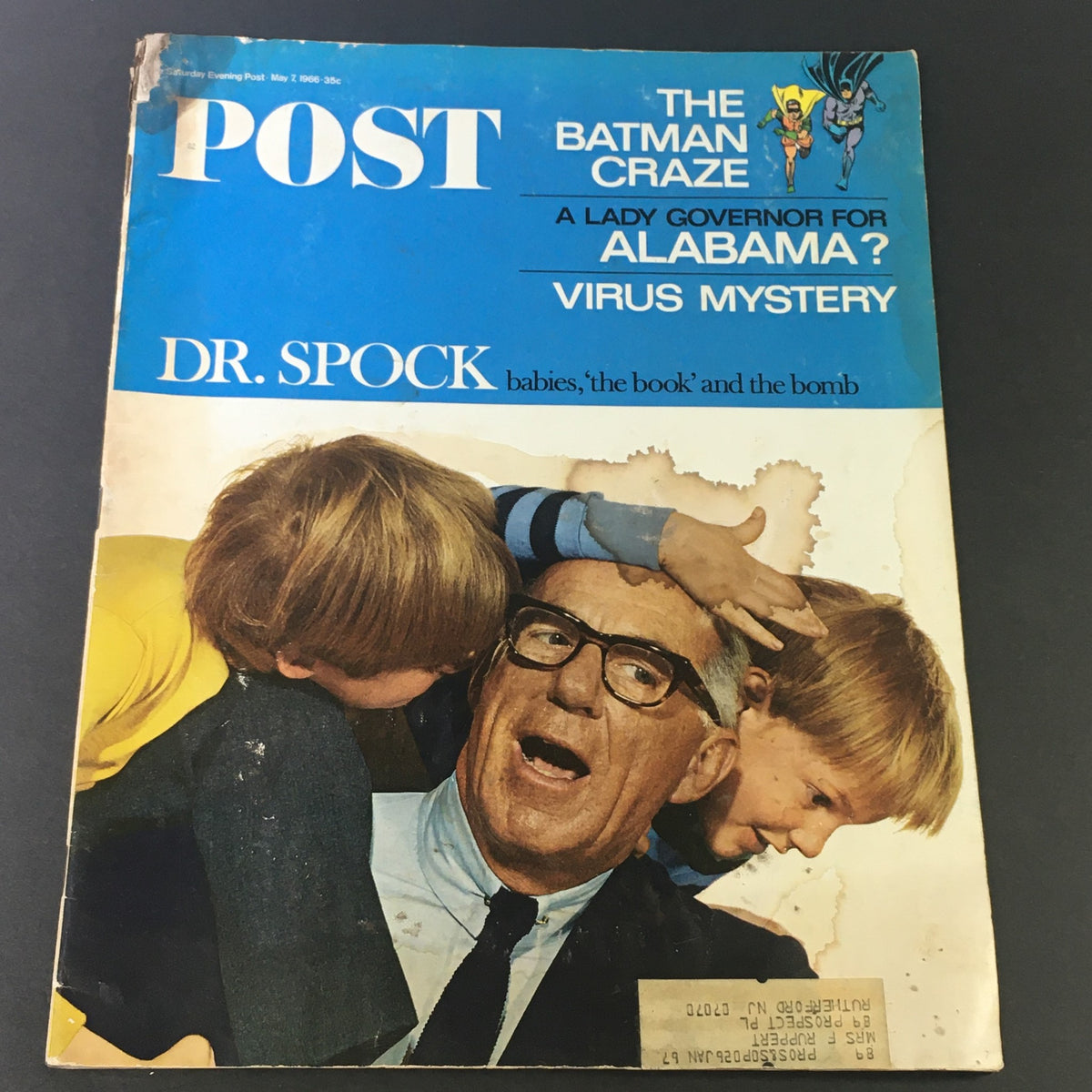 Vintage The Saturday Evening Post magazine cover from May 7, 1966 featuring Dr. Benjamin Spock and children, highlighting the Batman craze.