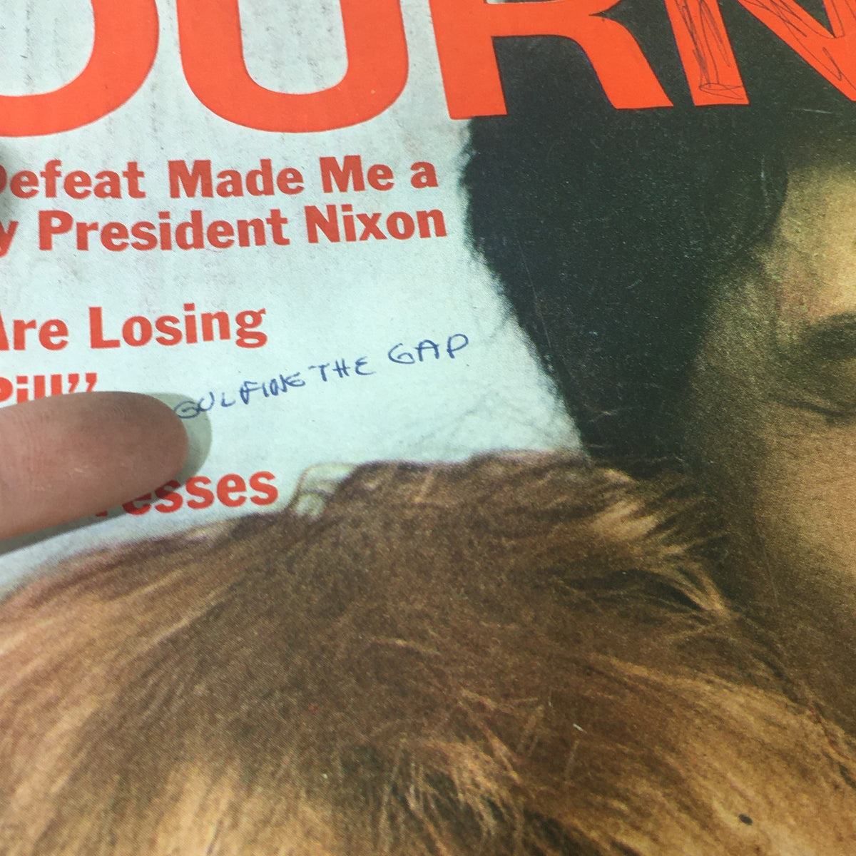 Detail of the VTG Journal Magazine April 1969 cover showing a handwritten note alongside images of Mia Farrow and Dustin Hoffman.