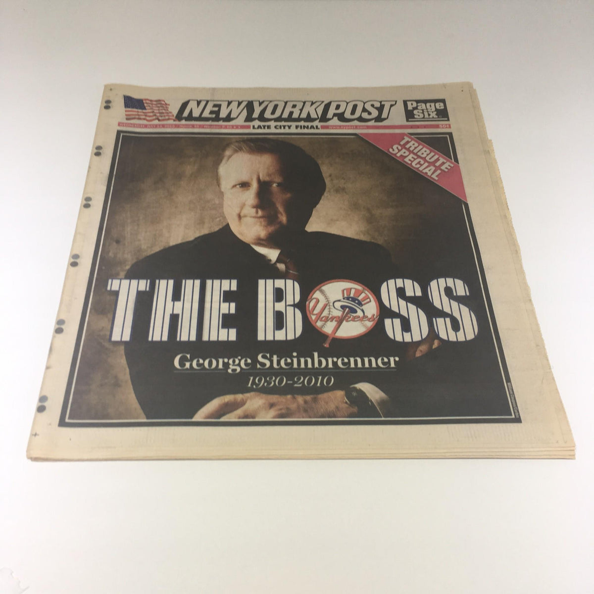 Cover of the New York Post: July 14, 2010, commemorating George Steinbrenner with the title 'THE BOSS', featuring a formal portrait of him.