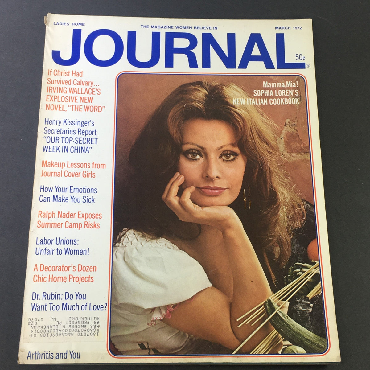 Cover of March 1972 issue of Journal Magazine featuring Sophia Loren, alongside articles on Irving Wallace and Ralph Nader, highlighting the cultural landscape of the early 1970s.