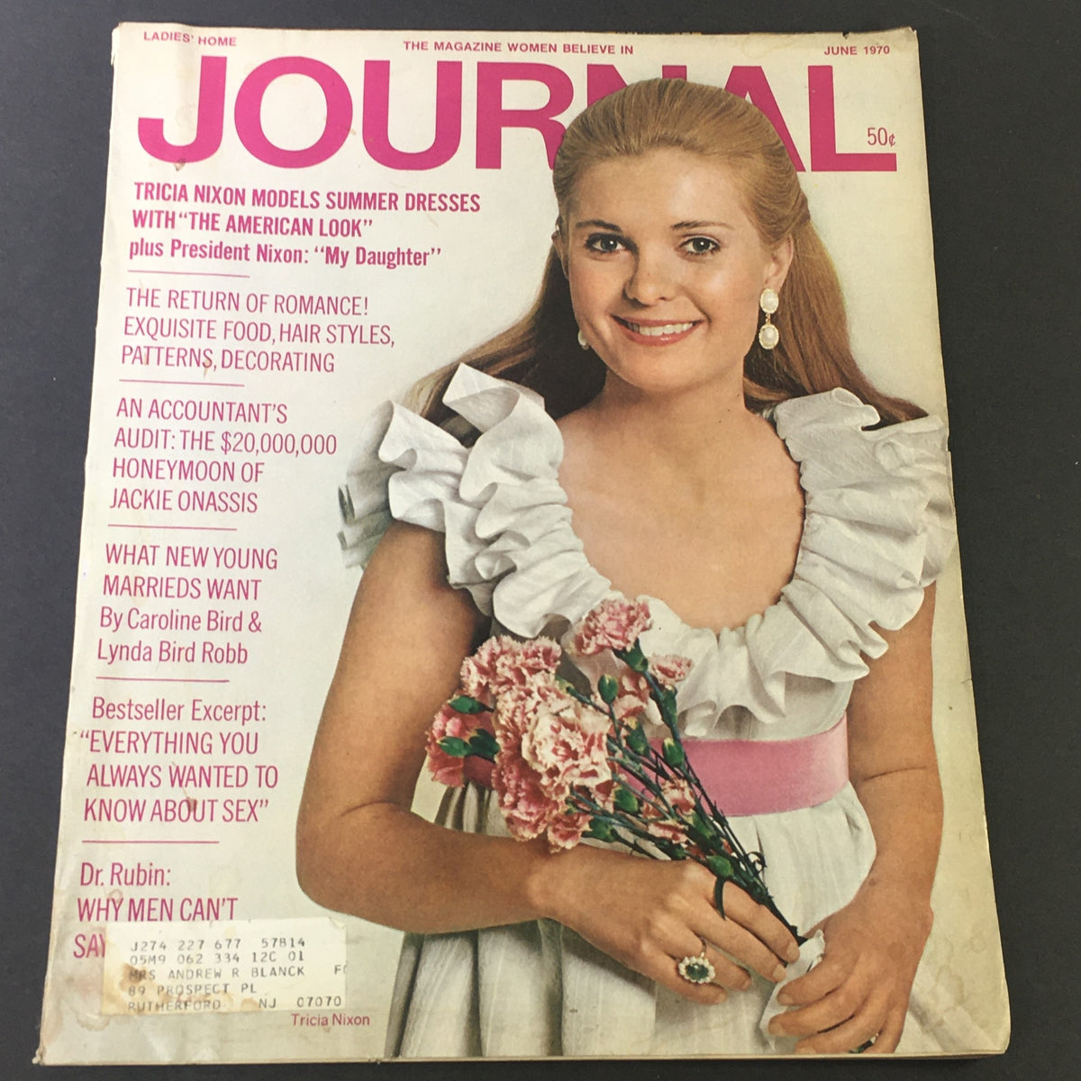 VTG Journal Magazine June 1970 cover featuring Tricia Nixon modeling summer dresses with flower bouquet, highlighting iconic figures of the era.