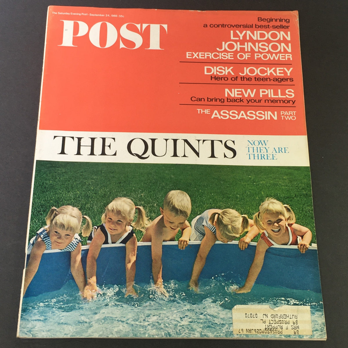Cover of VTG The Saturday Evening Post from September 24, 1966, featuring 'The Quints' with four children by a pool, and notable headlines mentioning Lyndon B. Johnson.