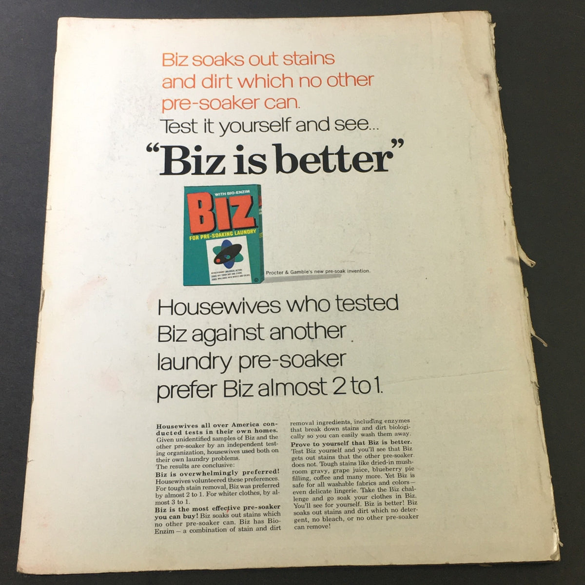 Back cover of the VTG Journal Magazine February 1969 highlighting an advertisement for Biz pre-soak laundry detergent with text on its effectiveness.