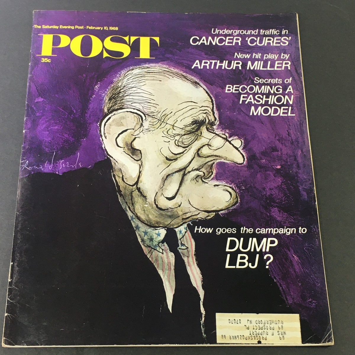 Cover of VTG The Saturday Evening Post dated February 10, 1968, featuring an artistic illustration of Lyndon Johnson with headlines about cancer cures, Arthur Miller's new play, and political commentary on LBJ's campaign.