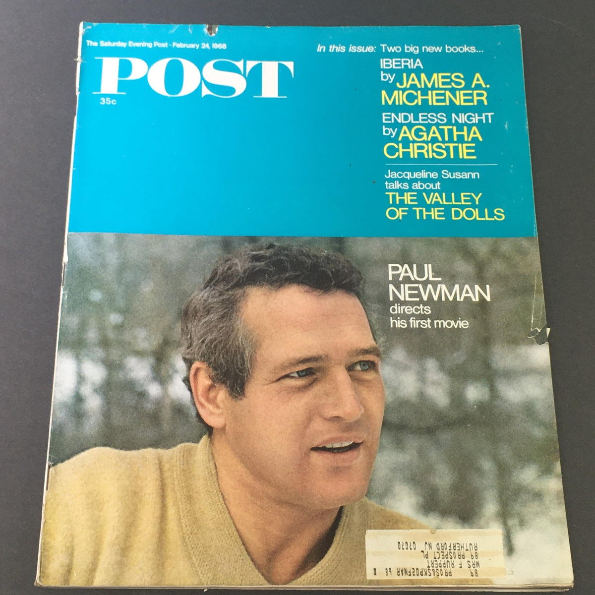 Cover of The Saturday Evening Post February 24, 1968, featuring Paul Newman with a brief description of his directorial debut for Valley of the Dolls.