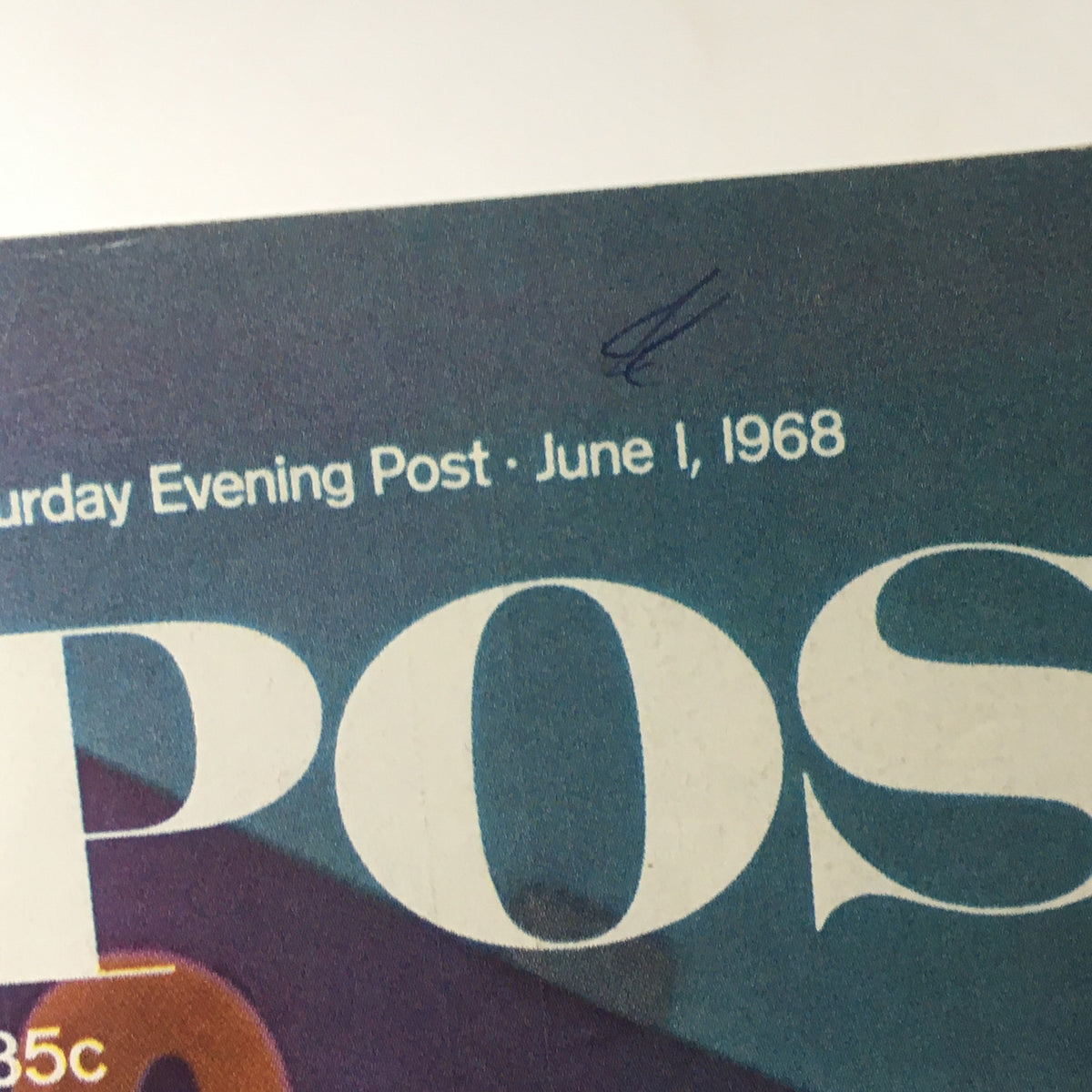 Close-up of the top corner of VTG The Saturday Evening Post June 1 1968, displaying the magazine title and date, capturing the vintage aesthetic of the publication.