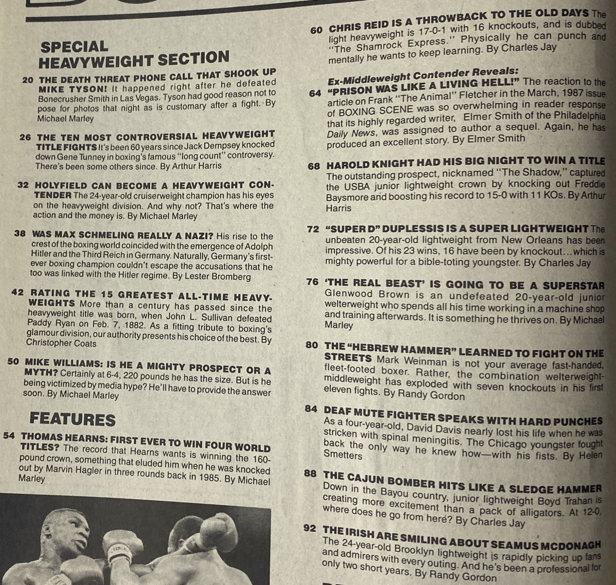 Special heavyweight section of Boxing Scene Magazine September 1987 featuring articles on Mike Tyson, Evander Holyfield, and notable heavyweight fighters, highlighting Thomas Hearns on the cover.