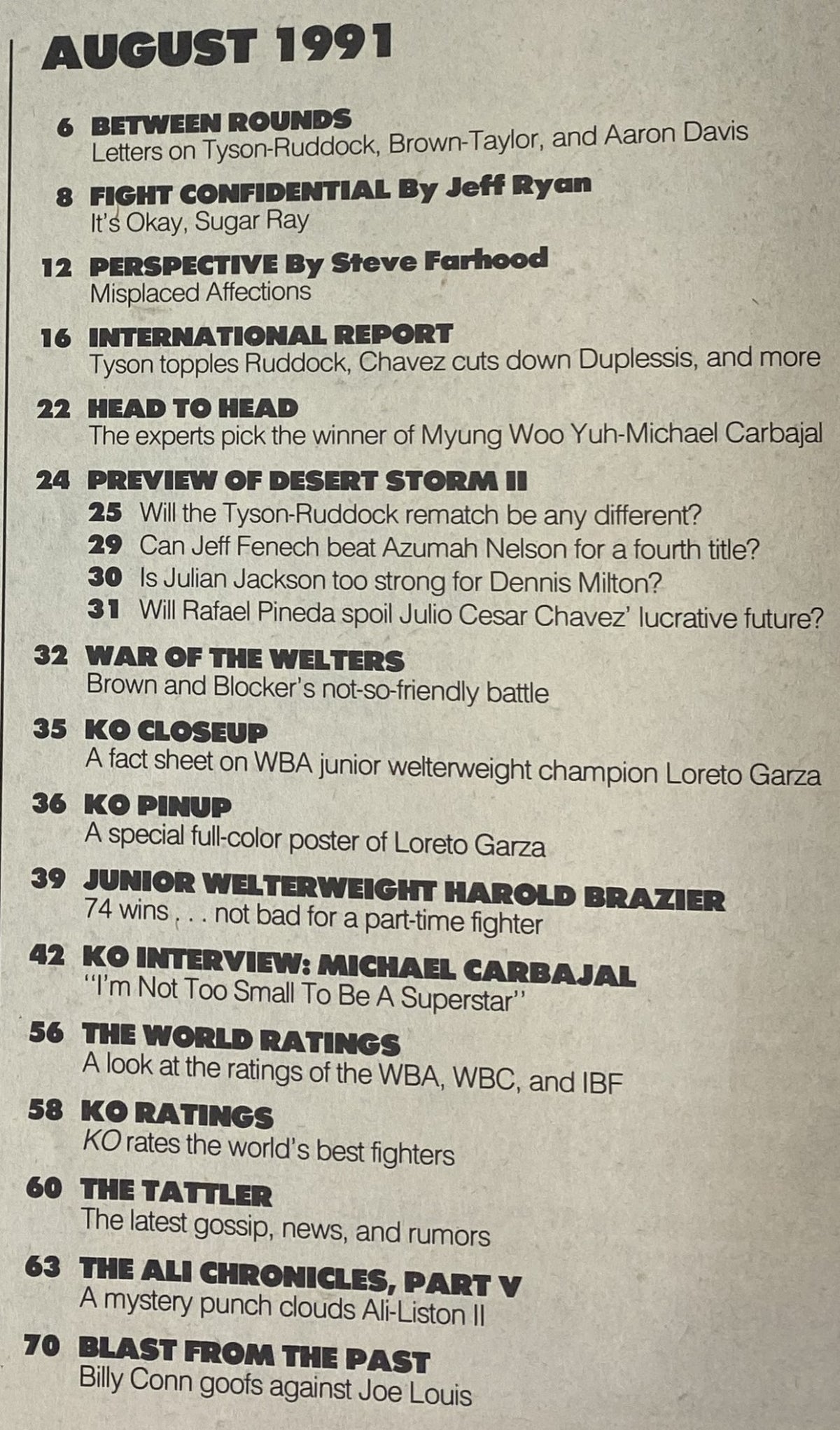 Table of contents from KO Boxing Magazine August 1991, highlighting features including Mike Tyson vs. Donovan Ruddock, interviews, international reports, and a detailed preview of Desert Storm II.