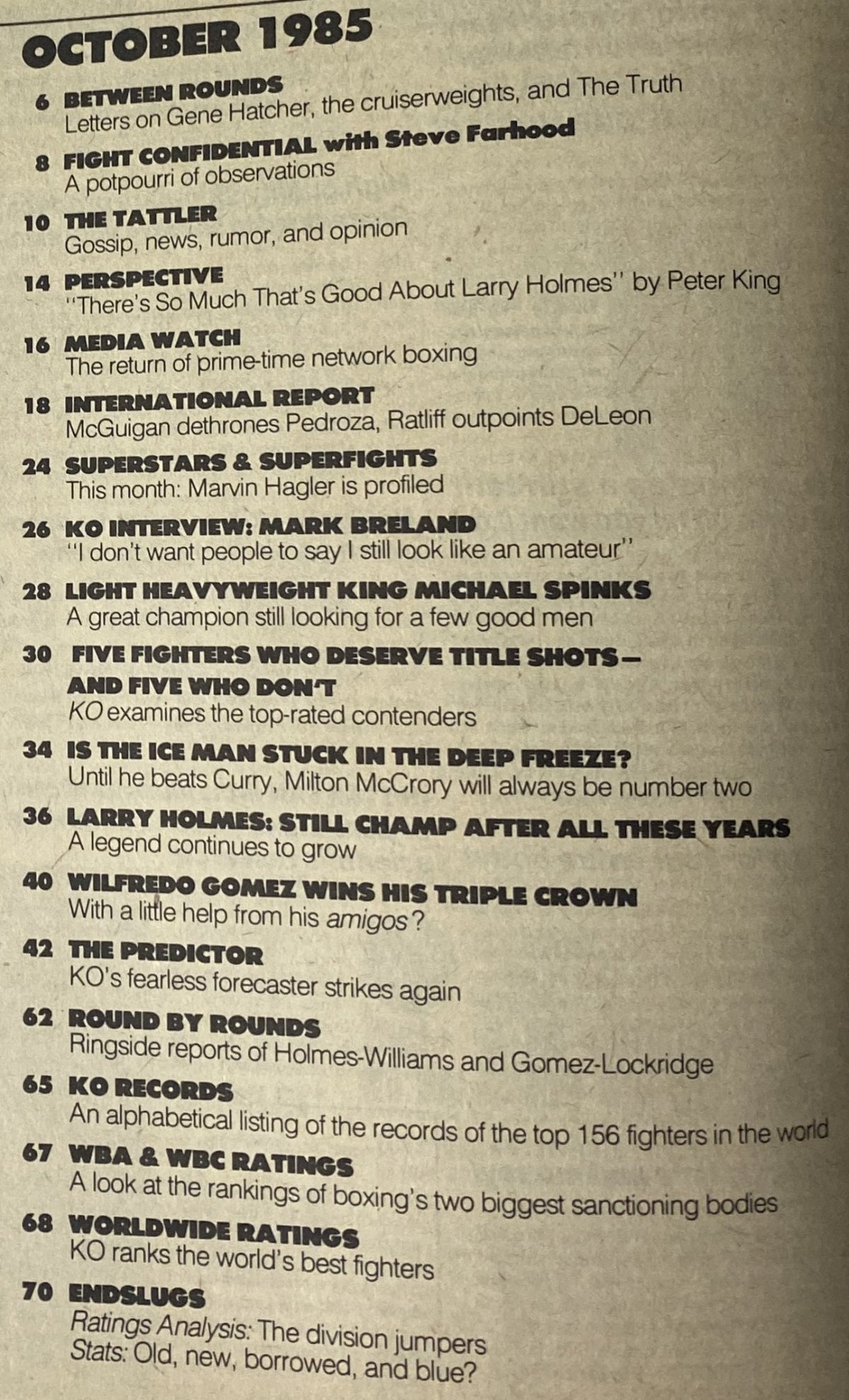 Contents page of KO Boxing Magazine October 1985, outlining articles including features on Larry Holmes, Marvin Hagler, and boxing analysis.